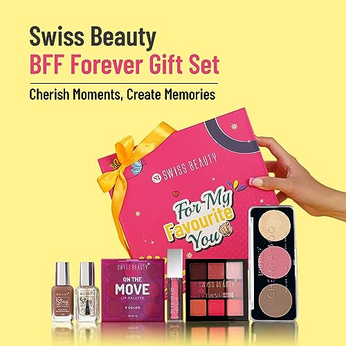 Image of Swiss Beauty BFF Forever Gift Set for Rakhi | Ultimate Eyeshadow |Slay Nail Paint | Plump-Up Wetgloss | On The Move Lip Palette | Cheek-A-Boo | 51gm