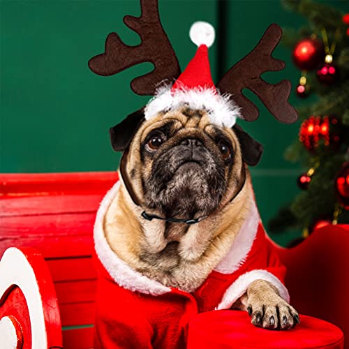 Weihnachten Haustier Stirnband, Hund Katze Rentier Geweih Weihnachtskostüm Elch Kopfbedeckung Verstellbare Kopfschmuck Haarreif mit Weihnachtsmütze, Weihnachts Kostüm Outfit für Hunde Katzen Geschenk