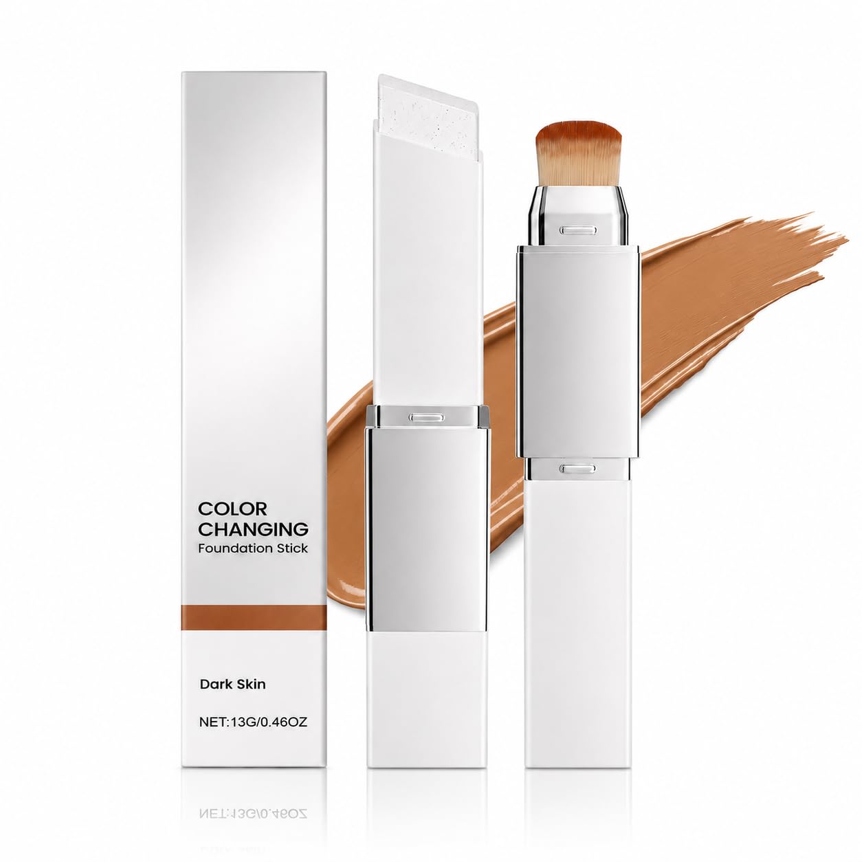 Color Changing Foundation Stick with Brush, Natural Finish, Long Lasting, for All Skin Types (Dark Skin)