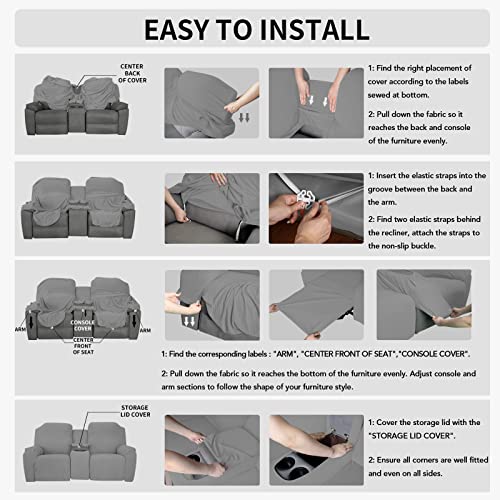 Image of Easy-Going 1 Piece Reclining Loveseat with Middle Console Slipcover | Stretch 2 Seater Loveseat Recliner Cover with Holder and Storage, Recliner Couch Sofa Cover, Furniture Protector Light Gray