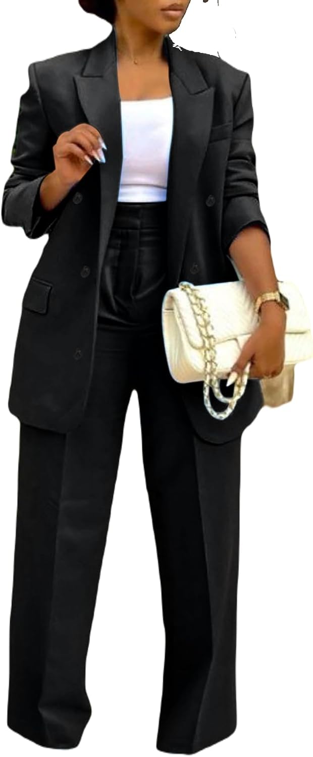 Tcremisa Pants Suits for Women Dressy 2 Piece Business Casual Outfits Double Breasted Blazer Wide Leg Pants Set Office Work