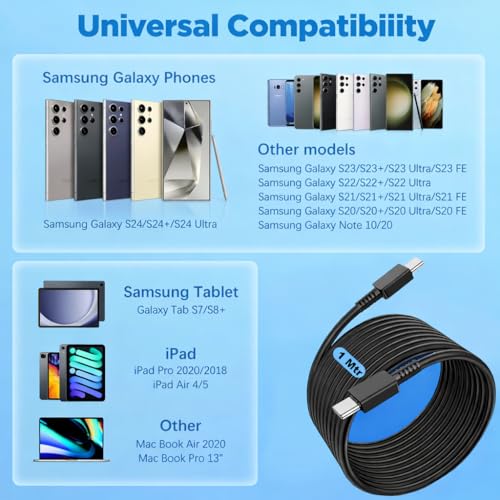 Image of Samsung 45W PD USB C to C,Fast Charging Cable 1M High Speed Data Transfer Compatible with Samsung Galaxy M35 /M15 /F15 /A15 /A14 /M14 /F14 /M34 /F34 /A34 /S21 Fe /S22 /S23 /S24 /S25 /FE /Plus /Ultra,Black