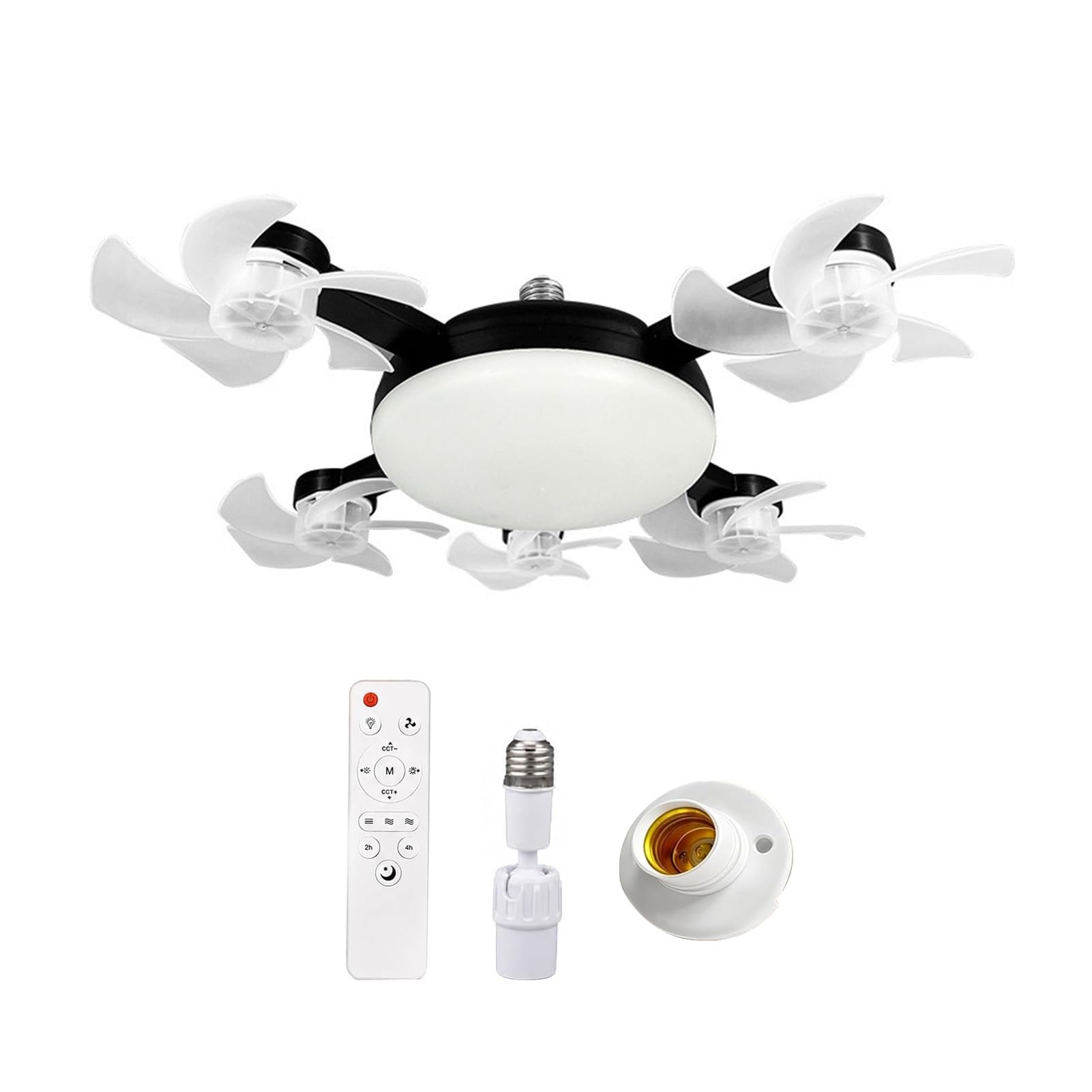 Ceiling Fan with Light and Remote Control, Foldable Blade Silent LED Fan Light, E27 Socket Fitting, 3-Speed Dimmable Lamp for Bedroom Kitchen, 40-60cm Adjustable Black 5pcs D