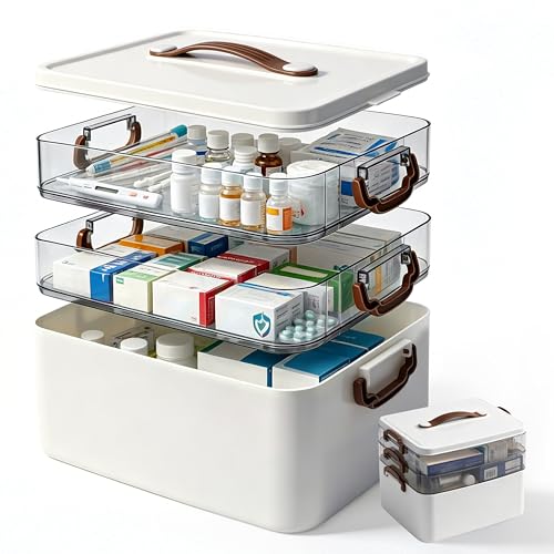 Zedelmaier Medikamentenaufbewahrung Box 3-stöckige Hausapotheke mit Tragegriff Medizinbox als Medikamentenorganizer übersichtliche Medikamentenbox für Zuhause Büro Schule und Reisen 33x22x24cm