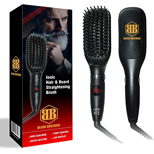 Beard Brothers - Beard Straightener for Men - Anti-Scald Beard Straightening Comb - Built In Ionic Generator - LED Display - Best for Beards Over 2" Long