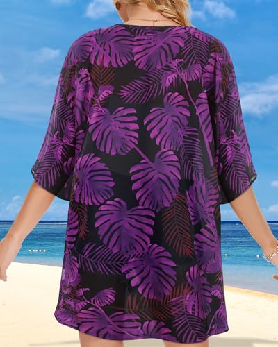 Image of Women's Floral Print Puff Sleeve Kimono Cardigan Loose Cover Up Casual Blouse Tops 2026