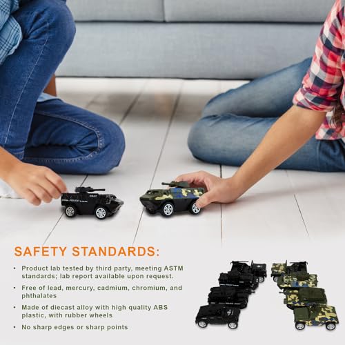 Vivandia MB189/MB139 8 Pack Diecast Military Toy Vehicle Set, 4 Green Camouflage Army Tanks 4 Black Urban Swat Police Toys, Tank, Humvee, Jeep, Armored Personnel Carrier Playset thumb #5