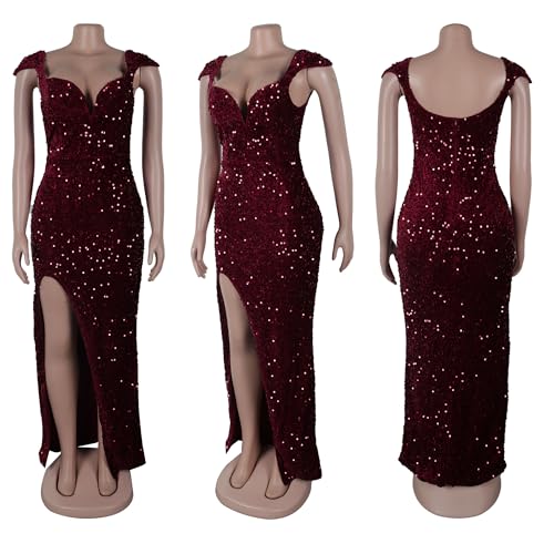 Image of Jigfar Women's Sexy Elegant Rhinestone Embellished Velvet Party Club Night Bodycon Formal Evening Maxi Dress