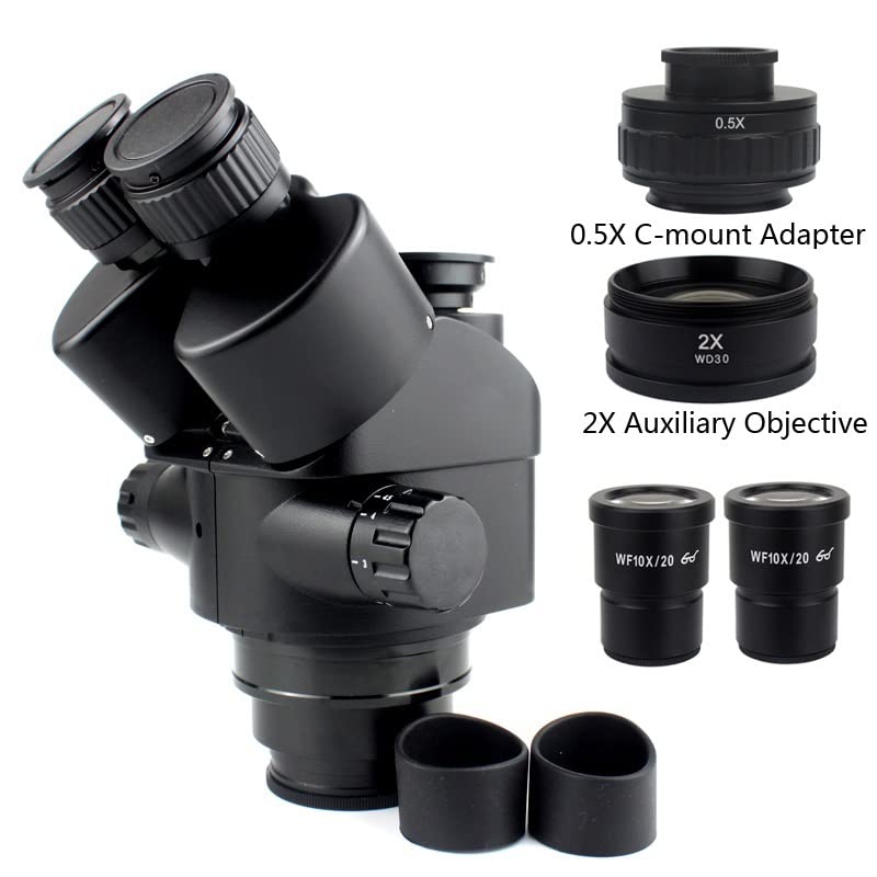 Microscope 7X-45X 3.5X-90X Simul-Focal Trinocular Microscope, 0.5X 2.0X 0.7X 1.5X 0.75x Auxiliary Objective Lens, Zoom Stereo Microscope Head(with 2.0X Adapter)