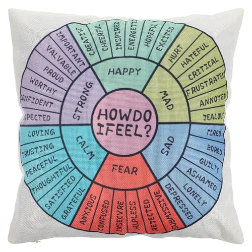 BESPORTBLE Wheel of Emotions Therapy Pillow Cover Cushion Case for Home Bedroom Sofa Couch Emotional Stress Relief Decorative Square Throw Pillowcase for Mental Wellbeing and