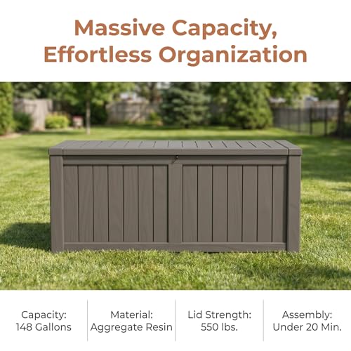 Image of 148 Gallon Resin Deck Box - Outdoor Storage Chest for Patio Furniture Cushions, Garden Tools, Pool Accessories & Backyard Organization Lockable Waterproof All-Weather Wood Grain Design, Easy Assembly