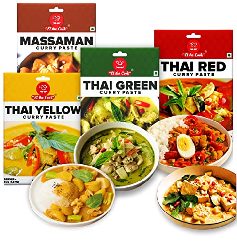Image of EL The Cook Thai Curry Paste Value Combo (4 Pack)- Red,Yellow,Green,Massaman | 100% Veg | Restaurant Style Chicken,Fish,Prawn,Vegetable,Tofu Curry At Home | 50 Gm Pack Serves 4-5,Ready To Cook
