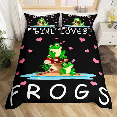 Homemissing Cute Frog Bedding Set Cartoon Frog Mushroom Double Size Comforter Cover for Kids Boys Girls Teens 3D Animals Forgs Duvet Cover Breathable Quilt Cover Black - Image 2