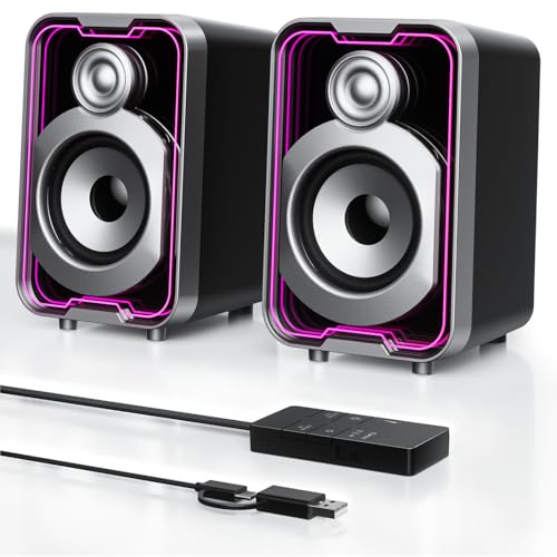 SOULION C40 Enceintes PC pour Gamer, Haut Parleur Bluetooth pour Écran, Ordinateur Bureau, Portable, Entrée USB C, éclairage LED Coloré, 1 Paire