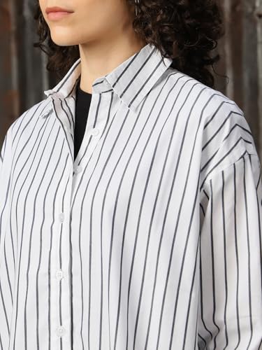 Image of High Star Women Cotton Striped Oversized Fit Collar Full Sleeves Shirts