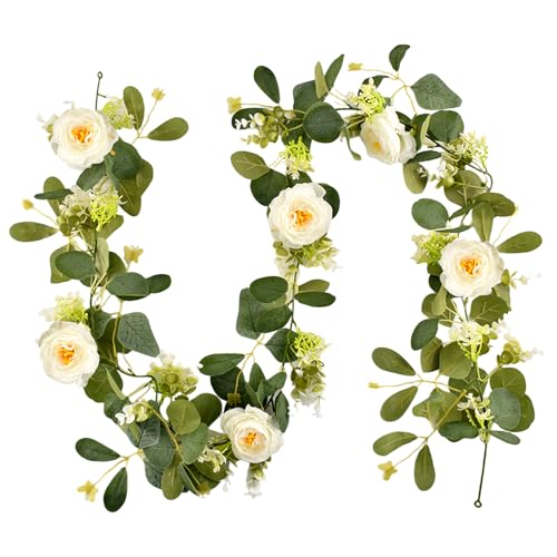 6Ft Artificial Eucalyptus Flower Garland,Flower Garlands with 6 White Roses,Eucalyptus Garland with Flowers Use for Wedding/Table/Backdrop/Arch Birthday Party Indoor Outdoor Decor
