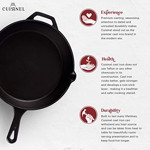 Image of Cast Iron Skillet - 10 inch-Inch Frying Pan with Pour Spouts + Pan Scraper + Silicone Grip Handle Cover Holder - Pre-Seasoned Oven Cookware - Indoor /Outdoor Use - Stovetop, Induction. PFAS and PFOA-free