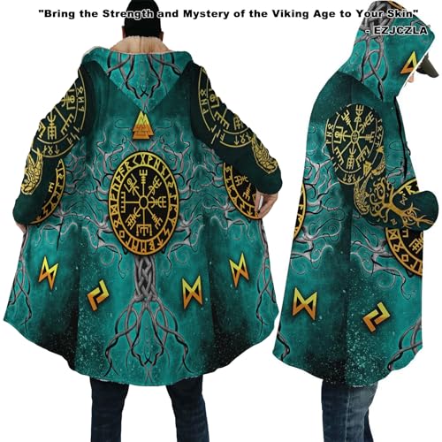 Norse Myth Nine Realms Winter Coats for Men Plus Size Viking Runes Fuzzy Soft Faux Cashmere Hooded Cloak, Parka Robe2
