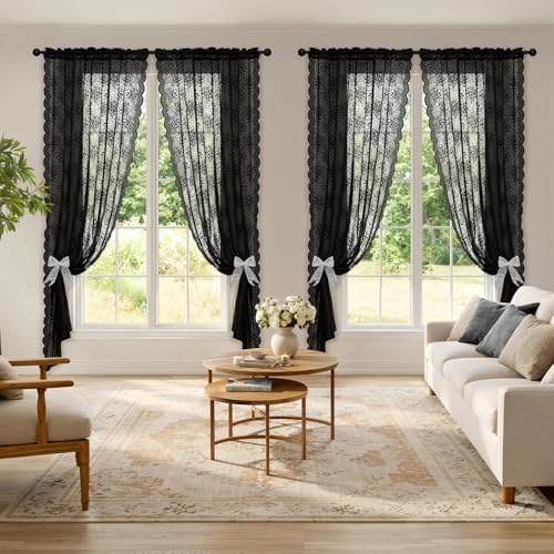Image of MIULEE Black Floral Lace Curtains 2 Panels, Black 52 inch W x 72 inch L