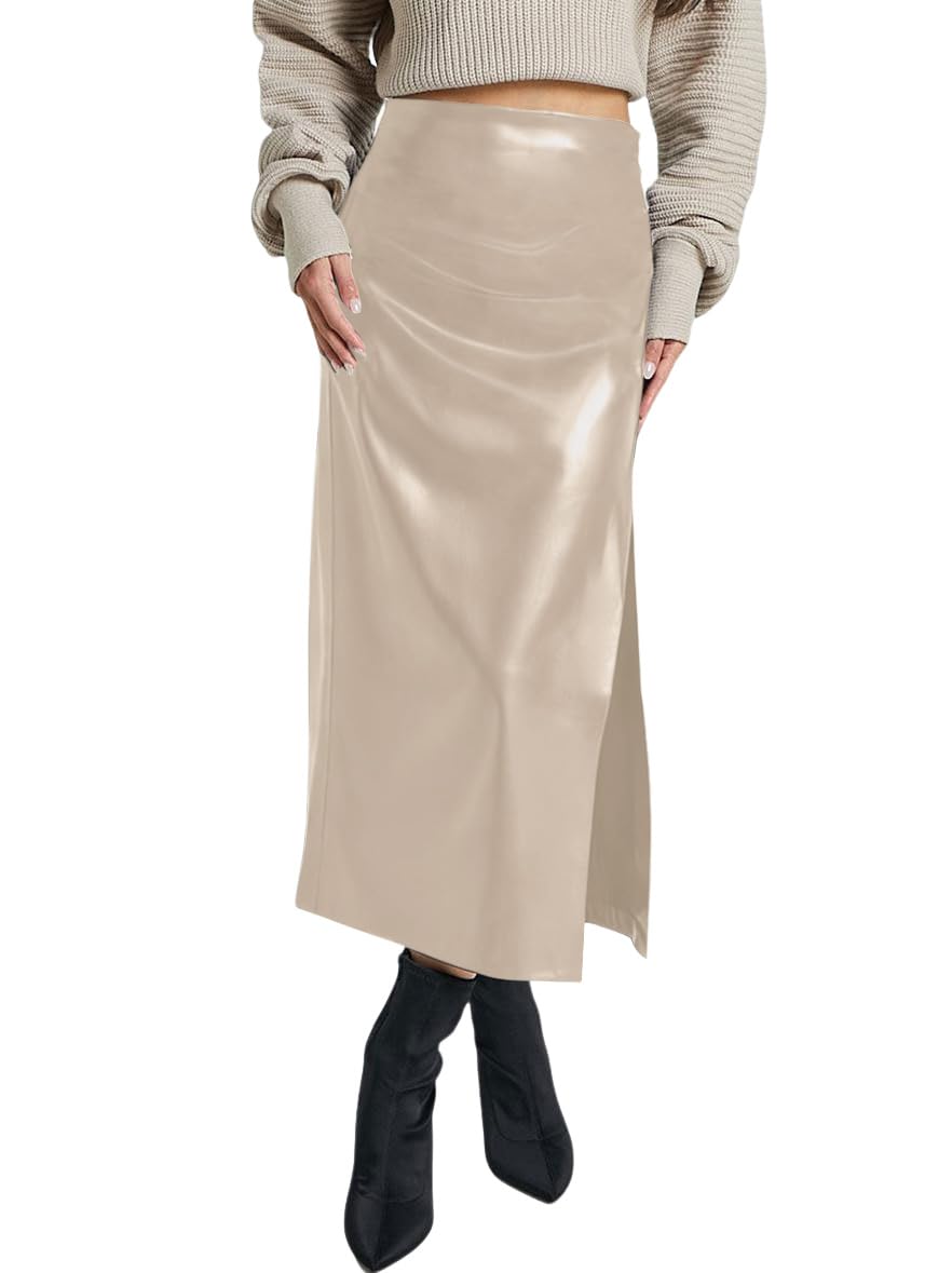 Womens Fashion Bodycon Faux Leather Midi Skirts High Waisted Side Split Knee Length PU Leather Pencil Skirt