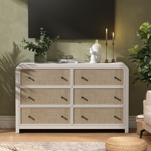 Image of Oak&Sparrow 6 Drawer Dresser for Bedroom, 49'' Rattan Dresser with Ample Storage, Boho Chest of Drawers, Thickened Curved Profile Design, Oak Dressers for Bedroom, Living Room
