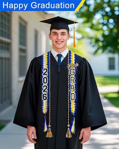 Image of Yigney Graduation Lei Set Class of 2026 Grad Ribbon Leis with Honor Cord Double Braided Graduate Leis for Men Women (1, Blue Gold White)