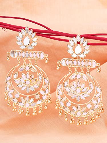 Karatcart Gold Plated Floral Design Mirror Work Long Dangler Earrings for Women - Image 4