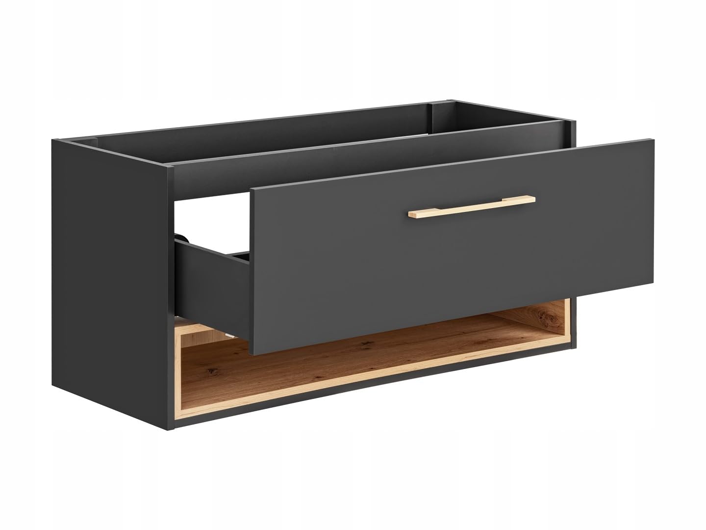 Mobile da bagno sospeso per lavabo da 120 cm, con cassetto e mensola, color grafite opaco/rovere – mobile da bagno