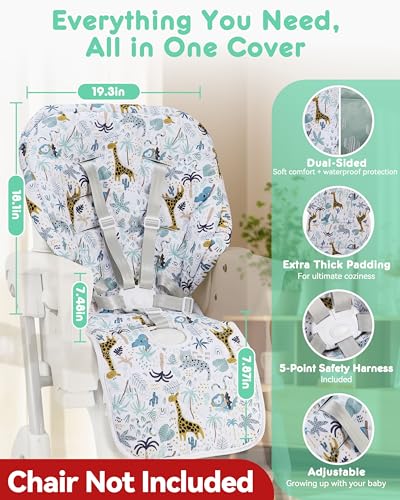 Image of Baby High Chair Cover Replacement, Reversible & Waterproof High Chair Cushion Pad Home & Restaurant use, Includes 5-Point Harness Strap, Chair Not Included - Green