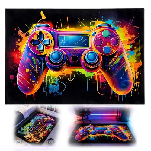 Nocecfi Gaming Teppich Game Controller Design 80x120cm rutschfest Kristall-Samt Gamer Teppich Neon Farben Gaming Zimmer Deko für Arkade Schlafzimmer Wohnzimmer-Sofa-Bereich Kinderzimmer