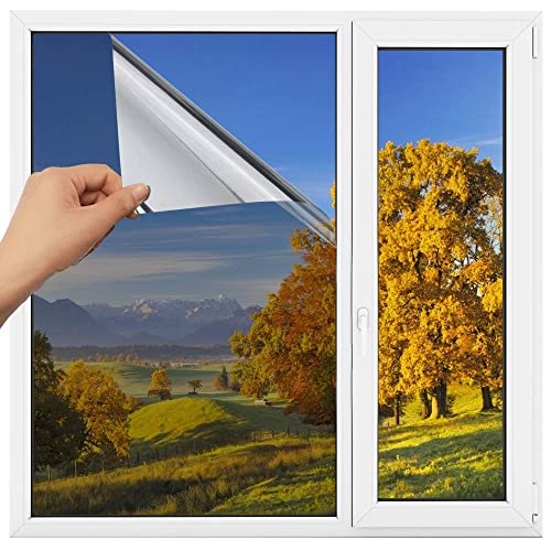 Image of WISDOM Window Privacy Film,One Way Mirror Daytime Anti UV Sun Blocking Heat Control Reflective Decorative Home Office Living Room (20in x 4Feet, Silver Film)