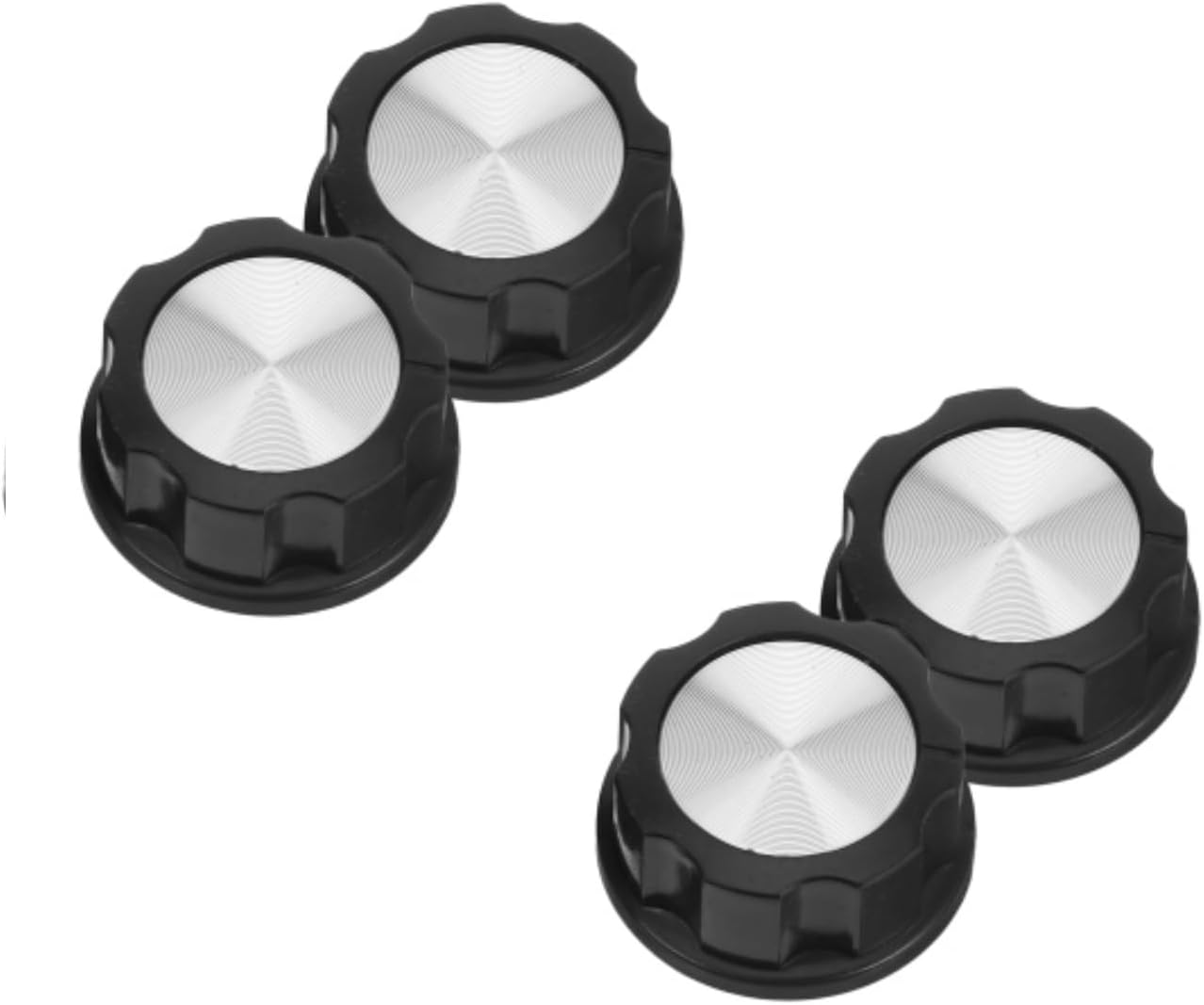 Four black D-shaft replacement knobs with silver-colored tops
