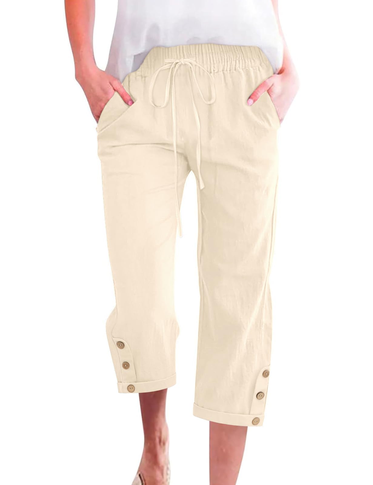 CMTOP Hosen Damen Sommer 7/8 Leichte Sommerhose Elastischem Bund Gerade Freizeithose Baumwolle Bequeme Luftig Stoffhose Weite Strandhose mit Kordelzug Taschen