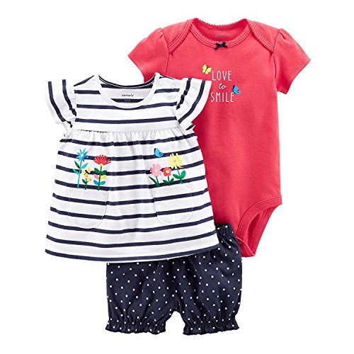 Carter's Baby Girls' 3-Piece Bodysuit & Diaper Cover Sets (Flowers and Stripes, 12 Months)