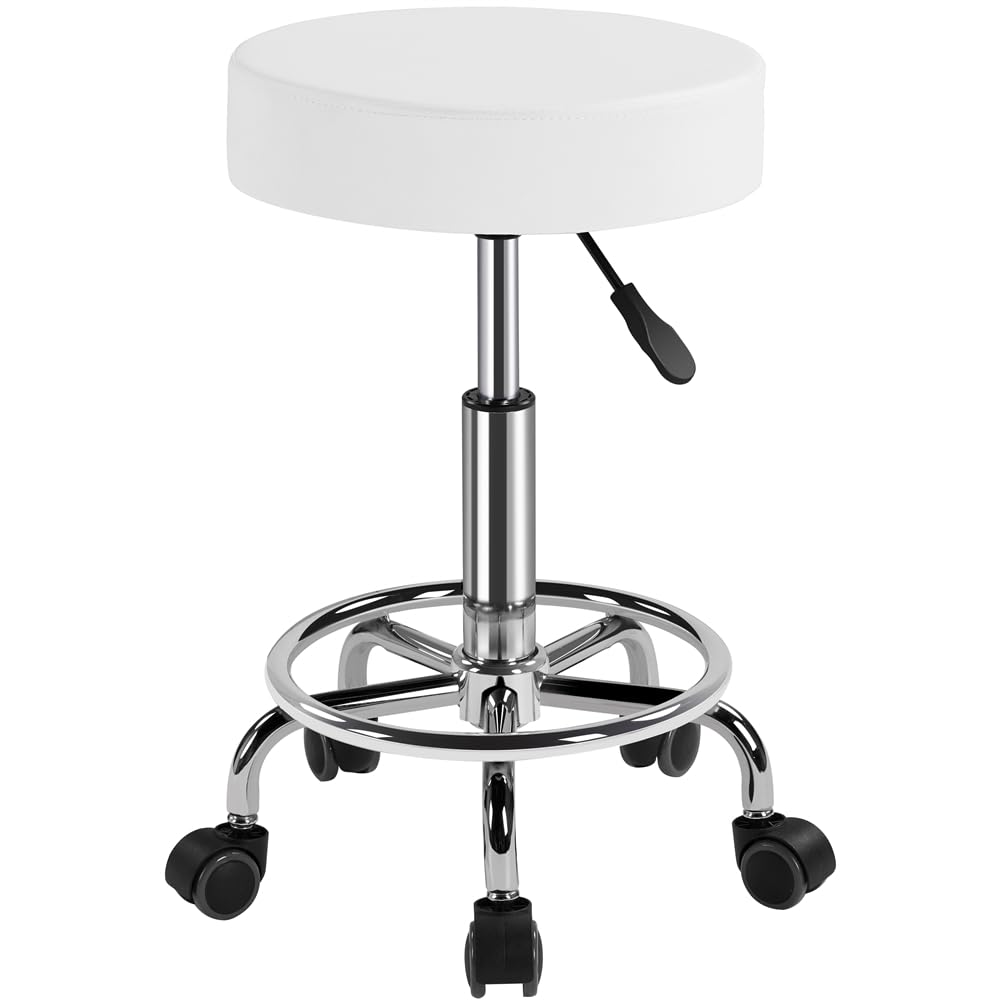 Yaheetech Stool with Wheels 360° Swivel Stool Salon Chair for Beauty and Massage Salon Height Adjustable from 50.5 to 65 cm, White