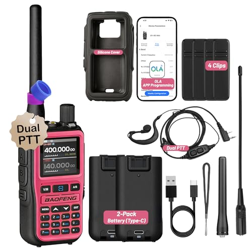 Image of BAOFENG UV-5R Mini Ham Radio - Dual Band VHF /UHF Amateur Radio with Extra Battery Earpiece for Outdoor Field Work - Rechargeable USB-C Handheld Radio Anti-Drop for Hiking Emergency Backup Pink