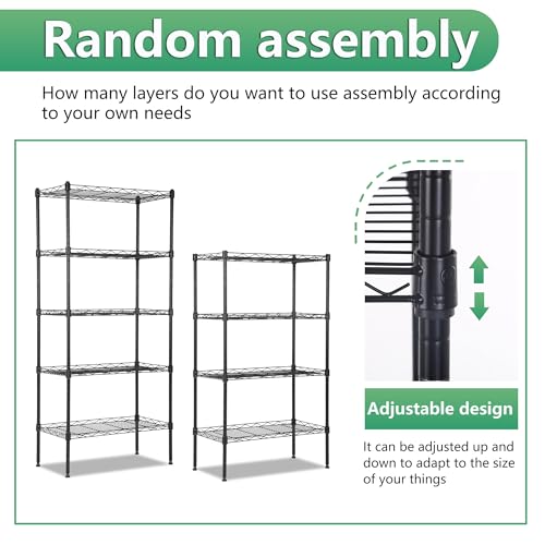 Image of BestOffice | 5-Tier Wire Storage Shelves | 22x12x48 | Black | with Adjustable Racks | Heavy-Duty Metal Shelf, Holds Upto 750 lbs | No-Tool Assembly | Ideal for Home & Garage Shelving