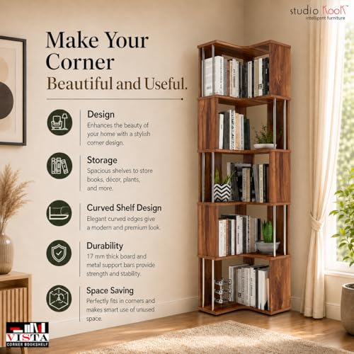 Image of Studio Kook Vista Engineered Wood Corner Bookshelf | Bookcase (Matte Finish) (Amber Walnut)