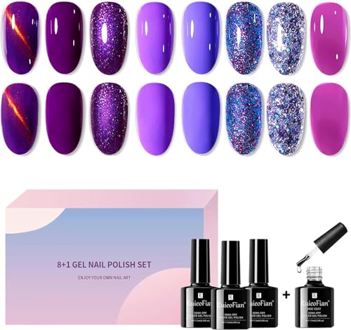8 Smalto Gel Unghie Uv Fucsia Smalti Semipermanenti per Unghie Colori uv Led Passione Colorati Set Professionali Nail Polish Effetto Kit Lilla Viola Senza Lampada Fucsia Autunno + Base Coat Shining