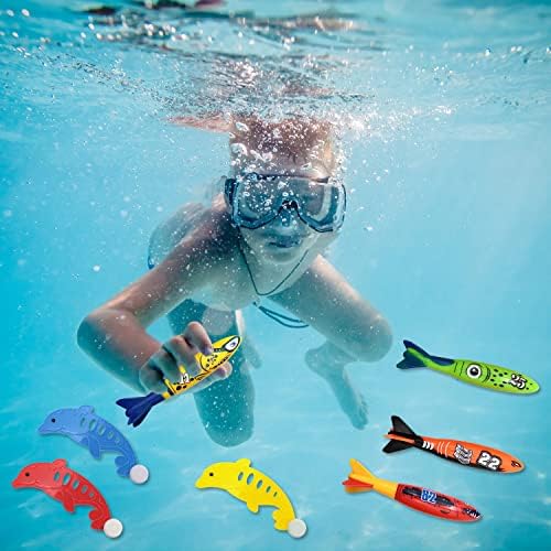 BEIIEB 4 Piece Set Pool Toys, Water Playing Toys Underwater Diving Toys Diving Torpedo with 1 Piece Diving Fish Dolphin Buoy for Kids Pool Diving Training, Pool Party Swimming Toys Men Women Summer