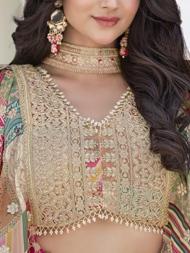 Image of Women's Digital Print With Zari Dori Embroidery Work Chinnon Silk Lehenga Choli With Dupatta (Women-Lehenga-Choli-New; Free size)