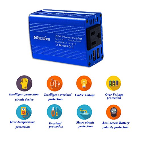 Bapdas 150W Car Power Inverter DC 12V to 110V AC Car Converter with 3.1A Dual USB Car Adapter-Blue