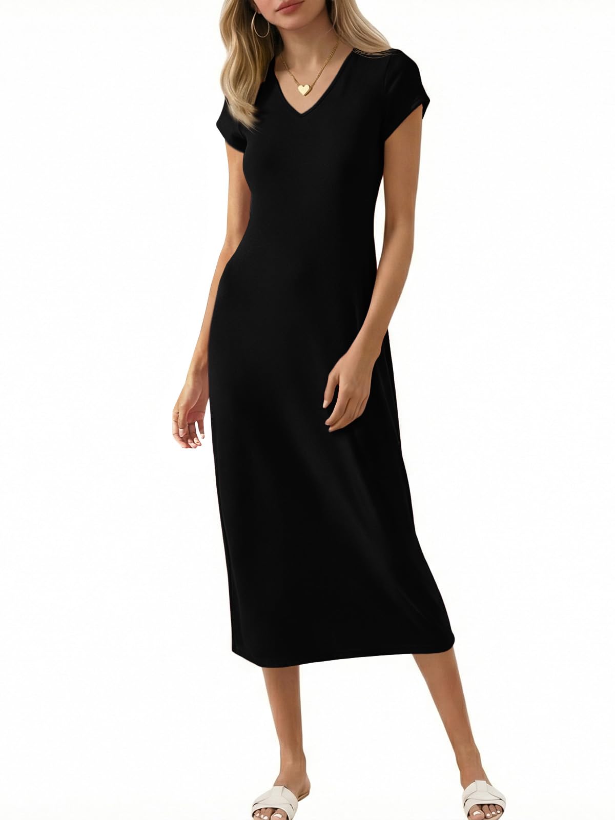 Wenrine Damen Kurzarm Midi Kleid V Ausschnitt Lange Kleider Einfarbige Sommer T-Shirt Kleid