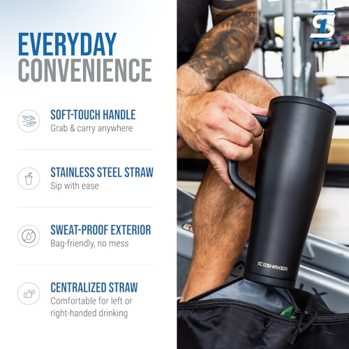 Image of Ice Shaker 40 oz Tumbler with Handle and Straw | 40oz Black | Cold for 30+ Hours | 2-in-1 Tumbler Shaker Bottle | Odor-Free 40 ounce Bottle for Water, Protein Shakes, Smoothies, Cocktails