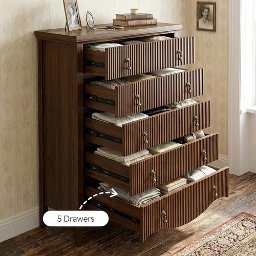 Image of FUSUNBAO 5-Drawer Tall Fluted Dresser, Vertical Chest of Drawers,Walnut | Vintage Dark Brown Wood-Look, Freestanding Vertical Organizer, Antique Pulls, For Bedroom, Living Room, Closet, Hallway