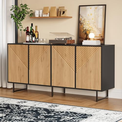 YuQozii Aparador de salón (160 x 40 x 75 cm) con 4 puertas, armario de salón moldeado al vacío, armario con madera natural y color negro, taquilla con 3 patas de apoyo, 160 cm de ancho