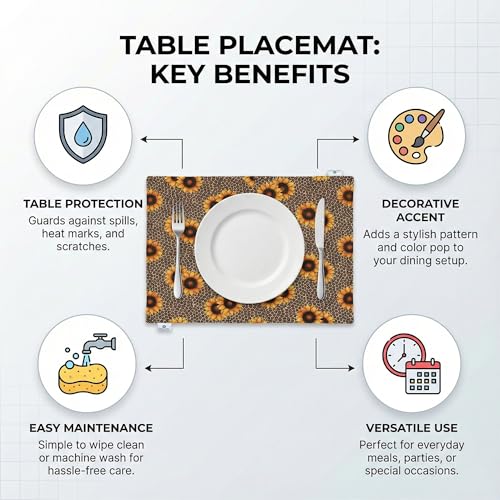 Image of Dining Table Mats Set of 4 - Sunflower Animal Print Theme,Digital Print, Washable, Indoor /Outdoor, Heat-Proof, Wipe & Clean (47X33 cm) Yellow & Brown