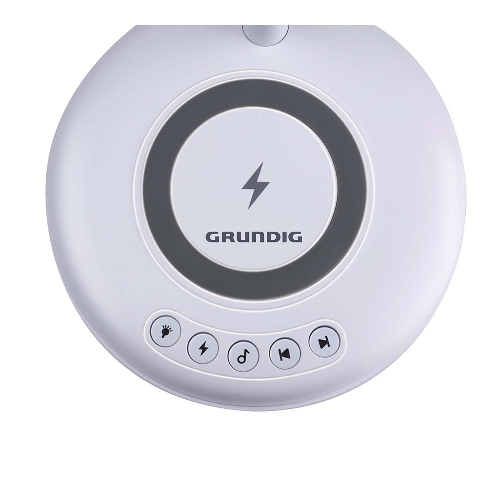 Grundig Lampa biurkowa LED 3 w 1 - technologia Qi - bezprzewodowa ładowarka do telefonu komórkowego - głośnik Bluetooth - 4 nóżki - biała