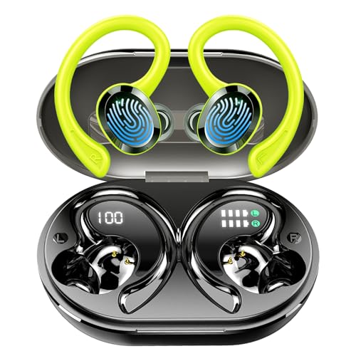 Wireless Earbuds, 48H Bluetooth 5.3 Headphones Sports with ENC Mic, HiFi Stereo Noise Cancelling Ear Buds, Wireless Headphones with Earhooks, IP7 Waterproof Bluetooth Earphones for Running Gym, Green