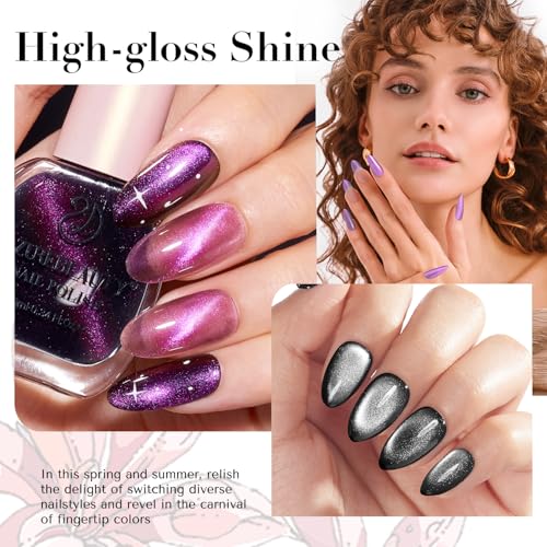 Image of AZUREBEAUTY Cat Eye Nail Polish Set Quick Dry Mooncat Glitter Holographic Purple Black Red 4 Colors Natural Fingernail with Top Coat DIY Salon Home no Gel
